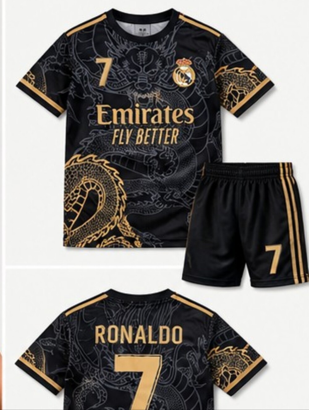 Boys Ronaldo #7 Soccer Jersey & Shorts Set | Black & Gold Dragon Design |